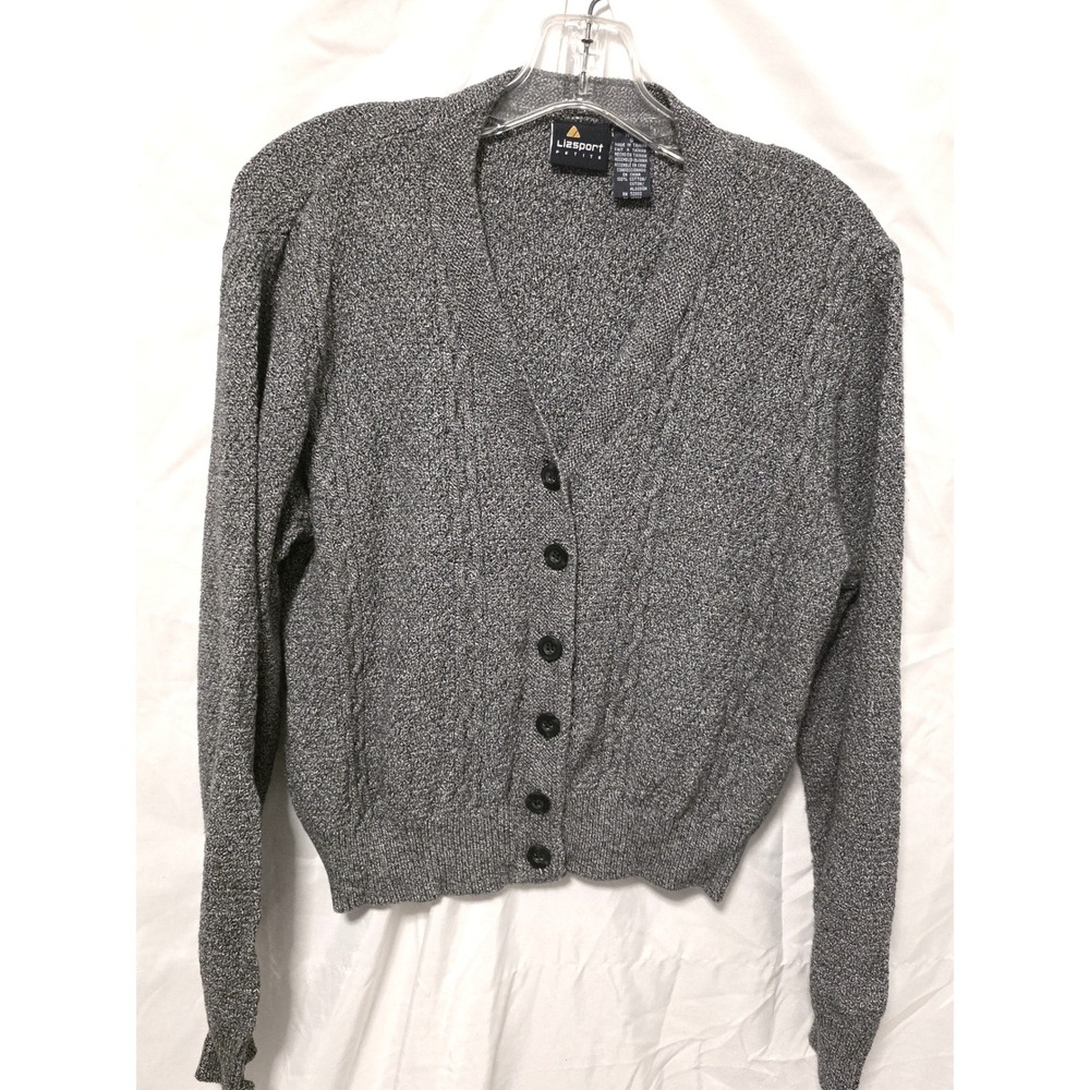 Lizsport Petite Gray Marled Cable Knit Cotton Button Front Cardigan Sweater S
